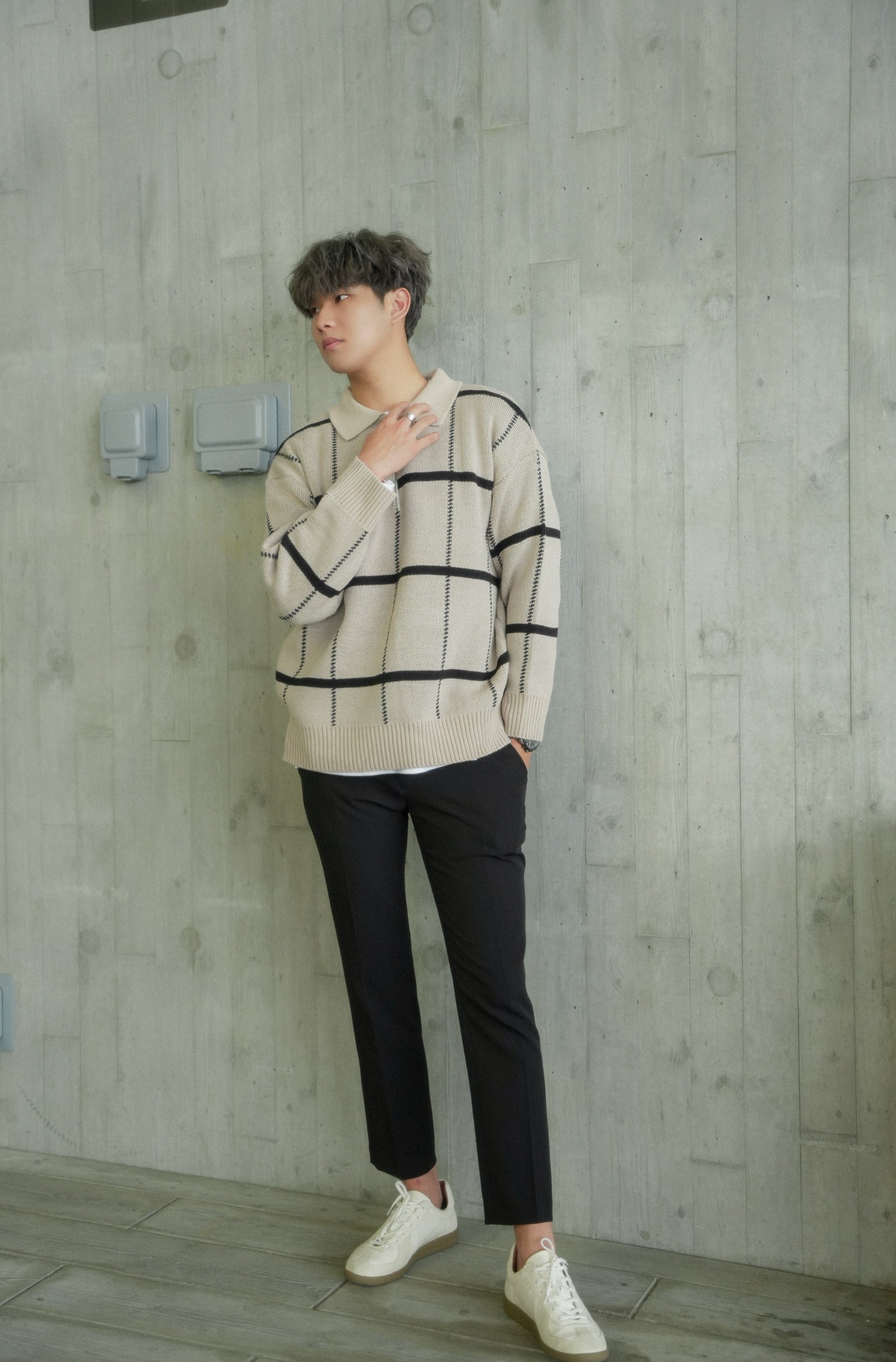 米色格紋拉鍊上衣Check Knit Jumper in Beige-韓國男裝