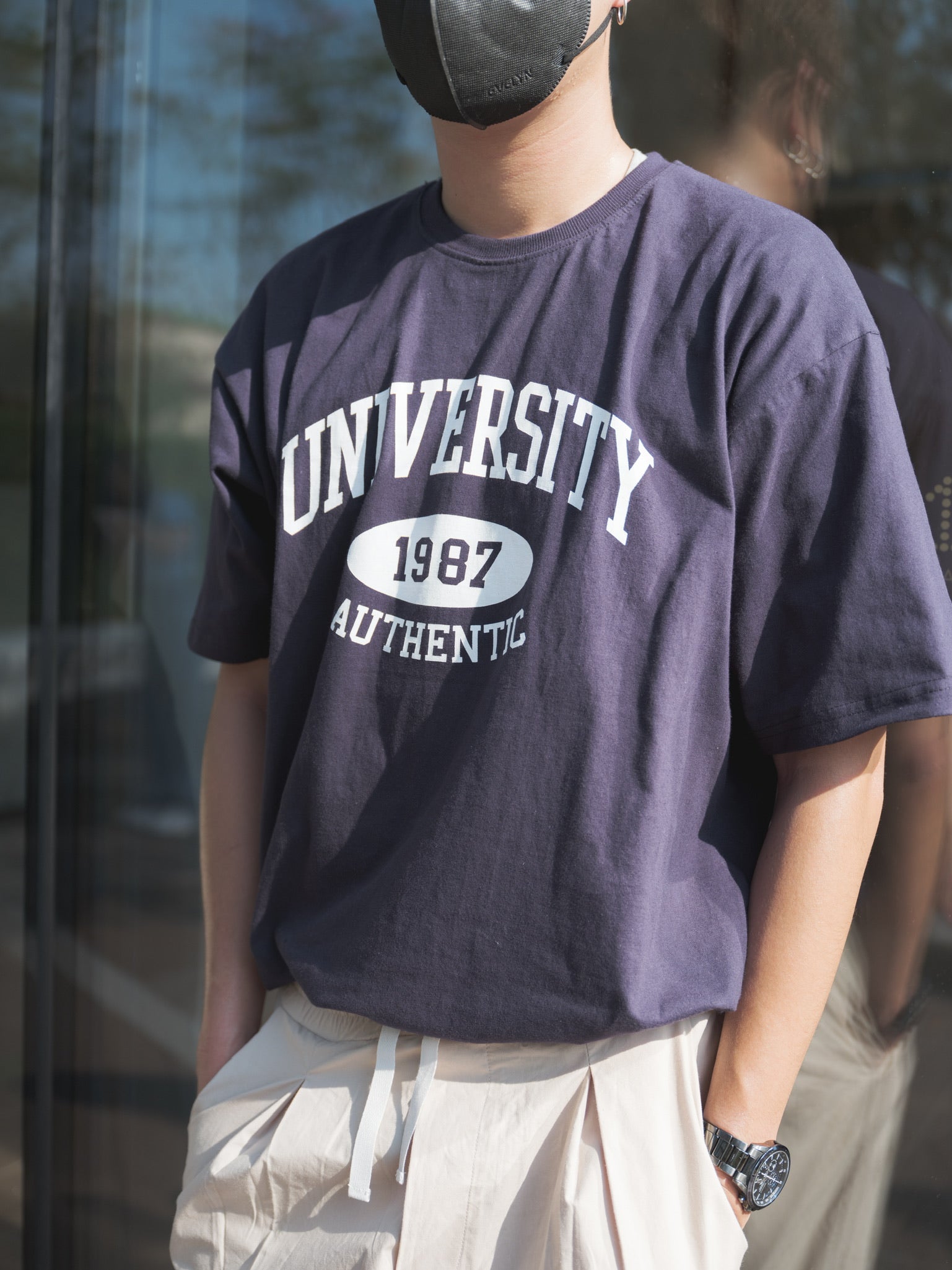 韓國男裝-軍藍短袖上衣Navy Print Tee