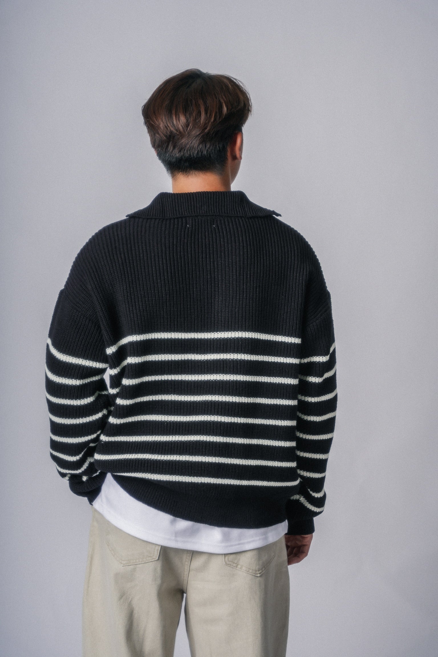 間條拉鍊領口毛衣-韓國男裝