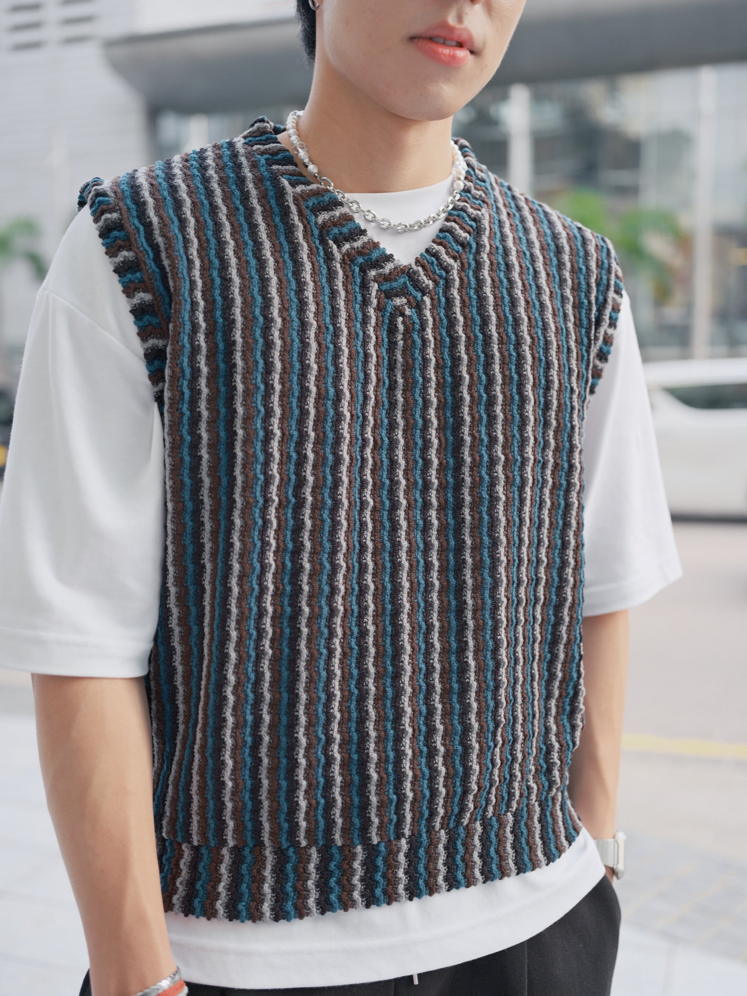 針織間條背心Striped Vest-韓國男裝
