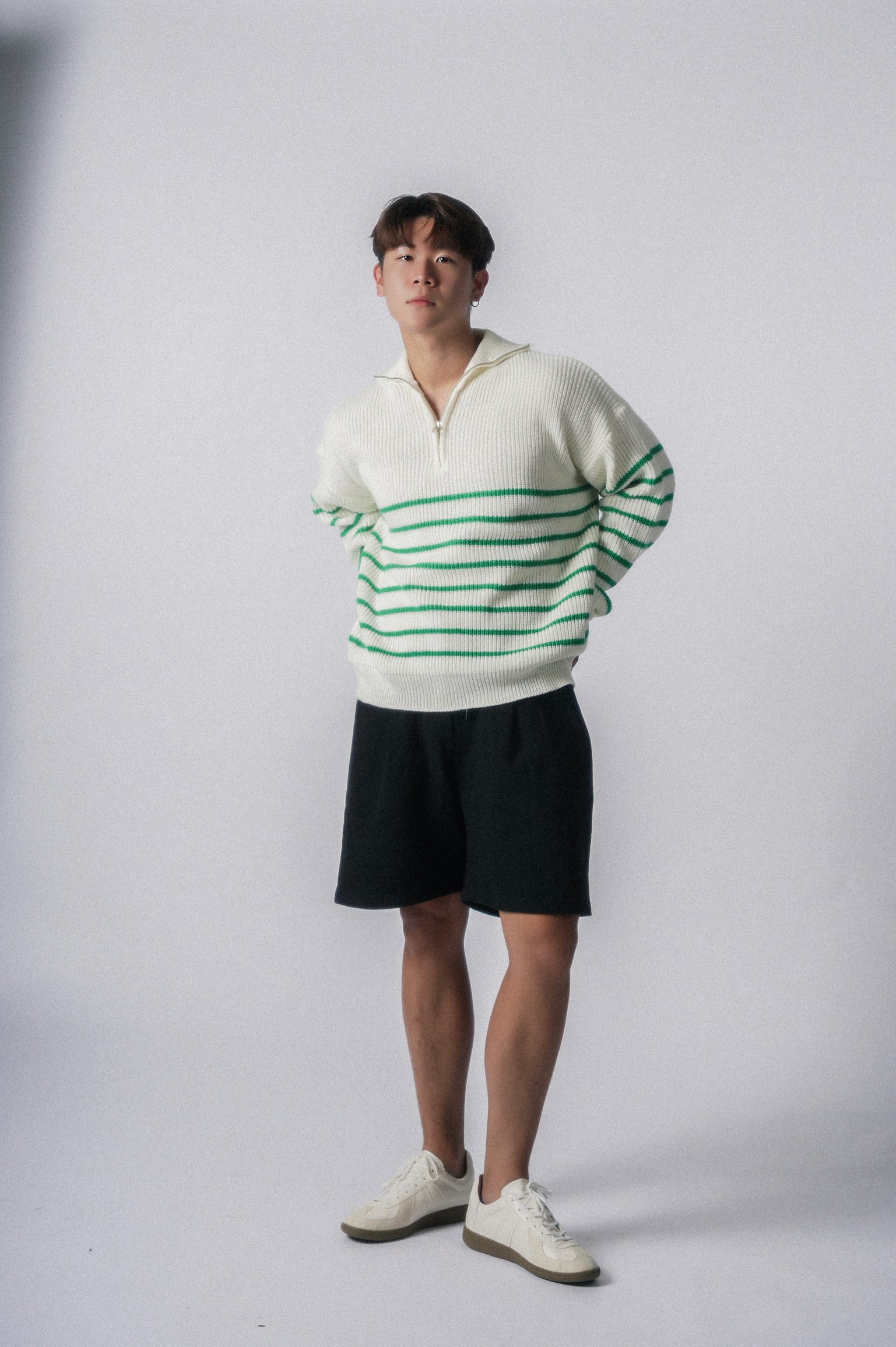 間條拉鍊領口毛衣-韓國男裝