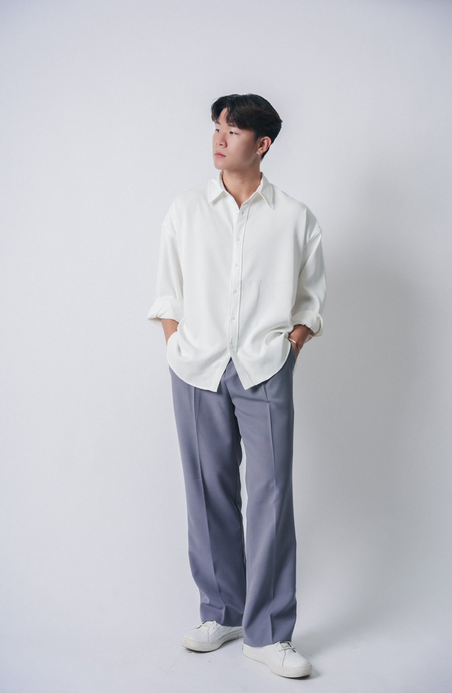 垂墜感滑身白色襯衫Basic White Shirt-韓國男裝