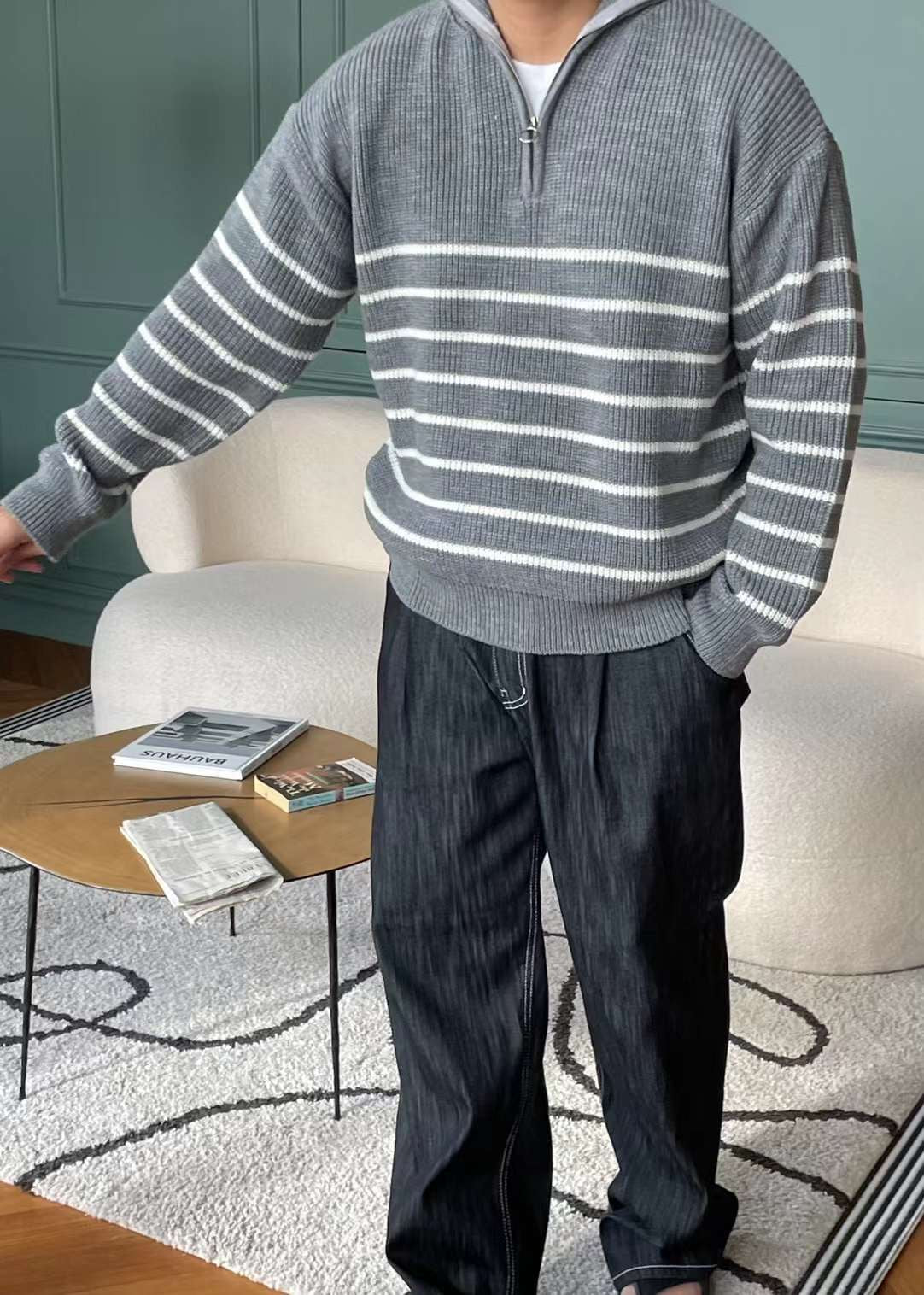 間條拉鍊領口毛衣-韓國男裝