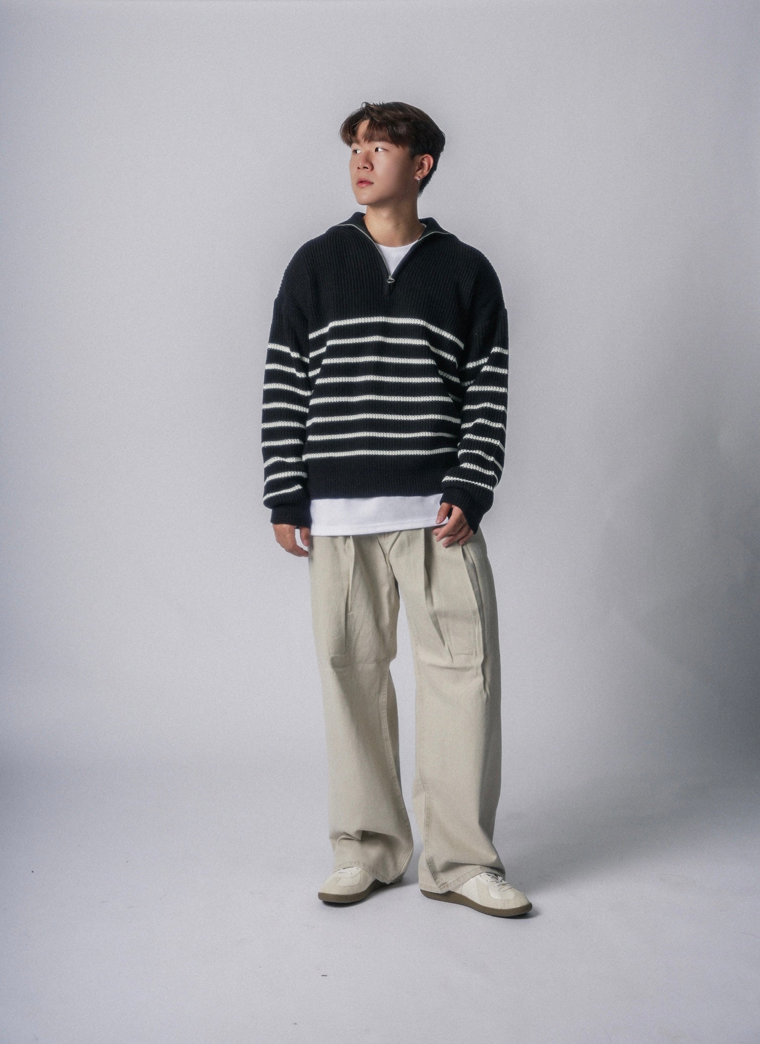 間條拉鍊領口毛衣-韓國男裝