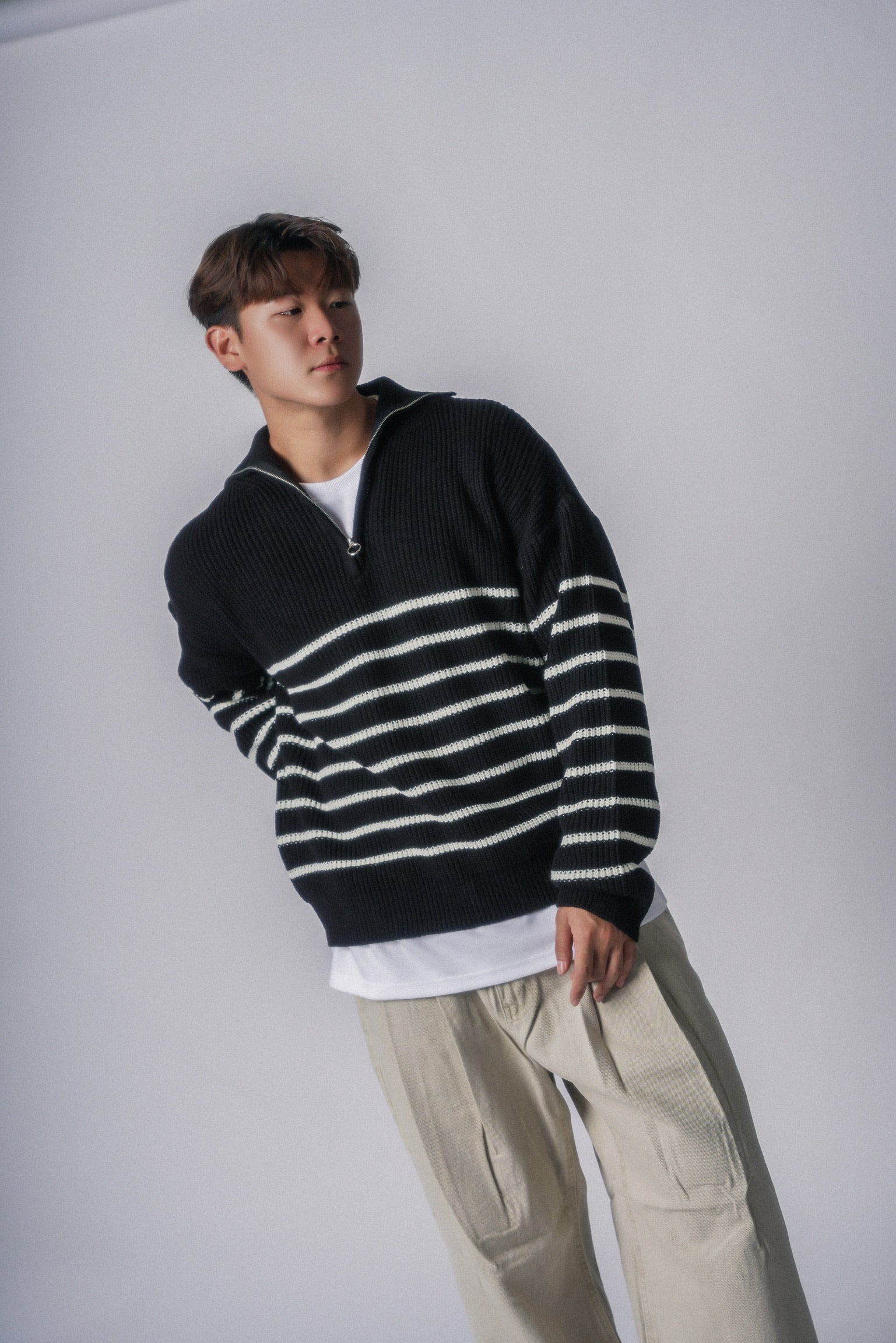 間條拉鍊領口毛衣-韓國男裝