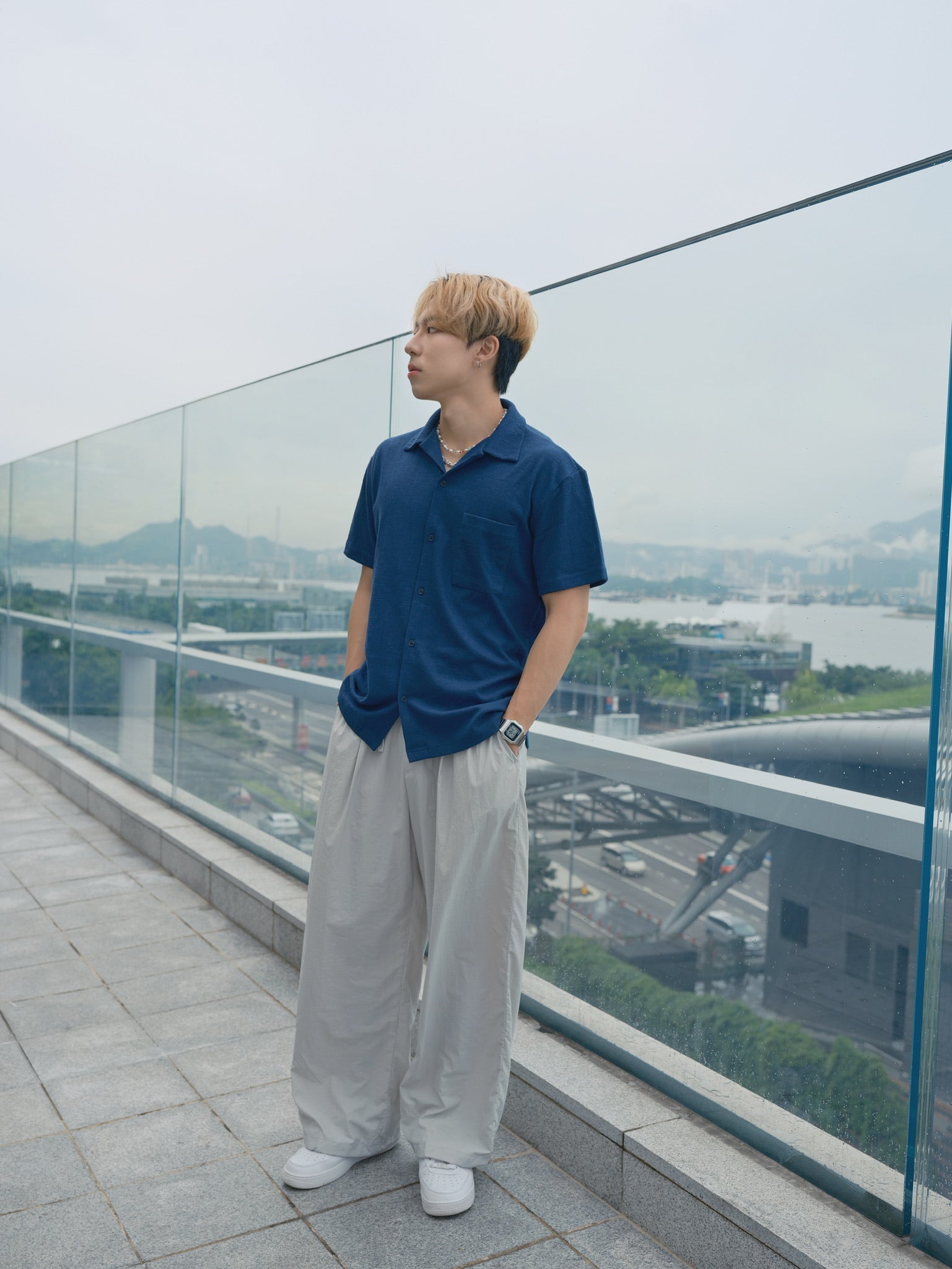 藍色短袖襯衫Blue Short Sleeves Shirt-韓國男裝