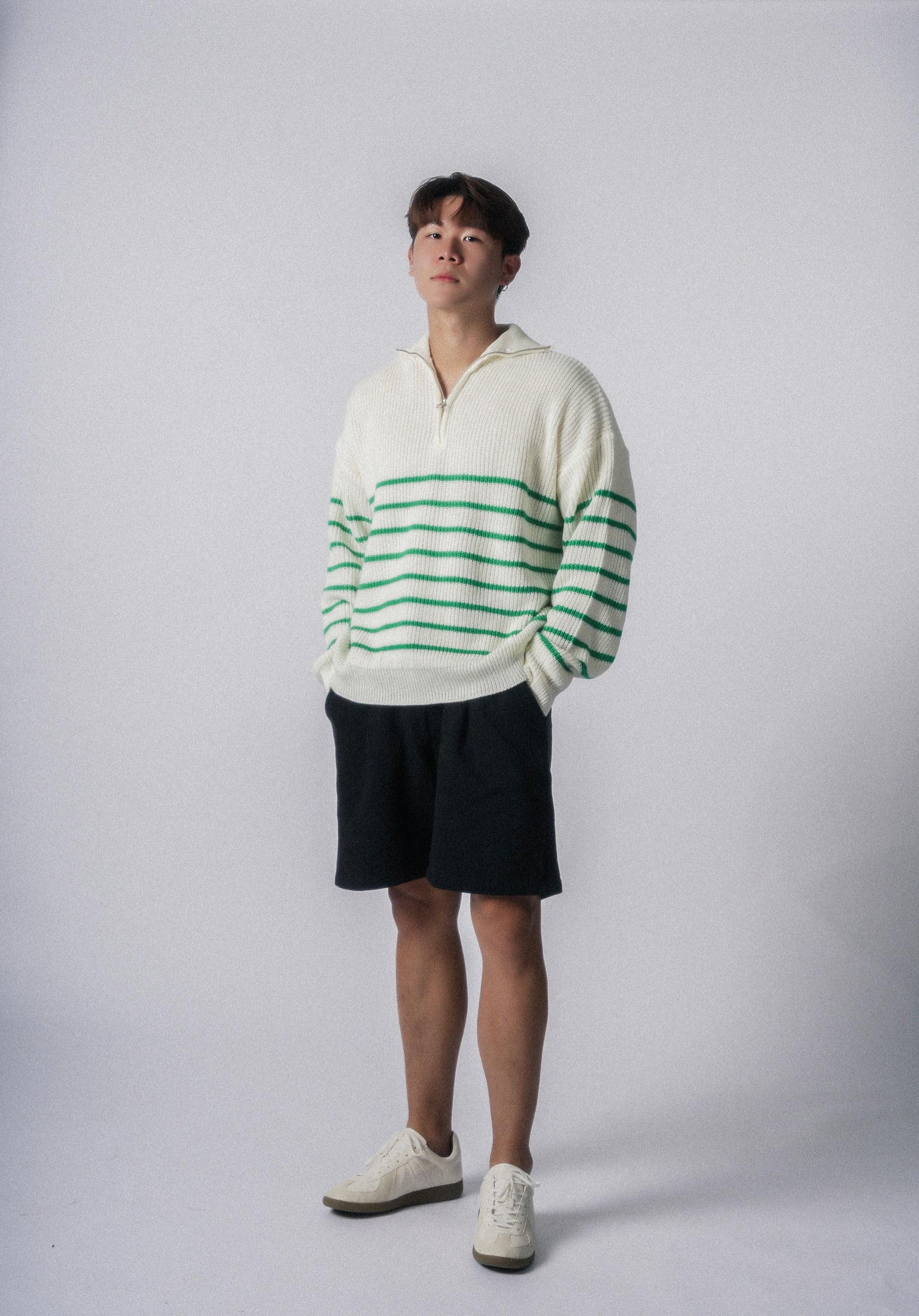 間條拉鍊領口毛衣-韓國男裝