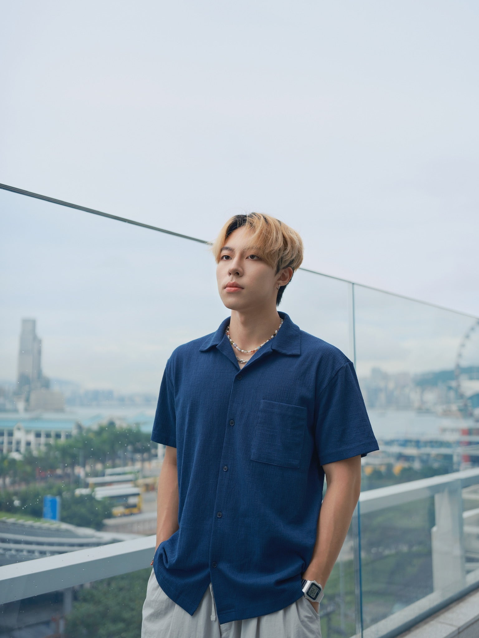 藍色短袖襯衫Blue Short Sleeves Shirt-韓國男裝