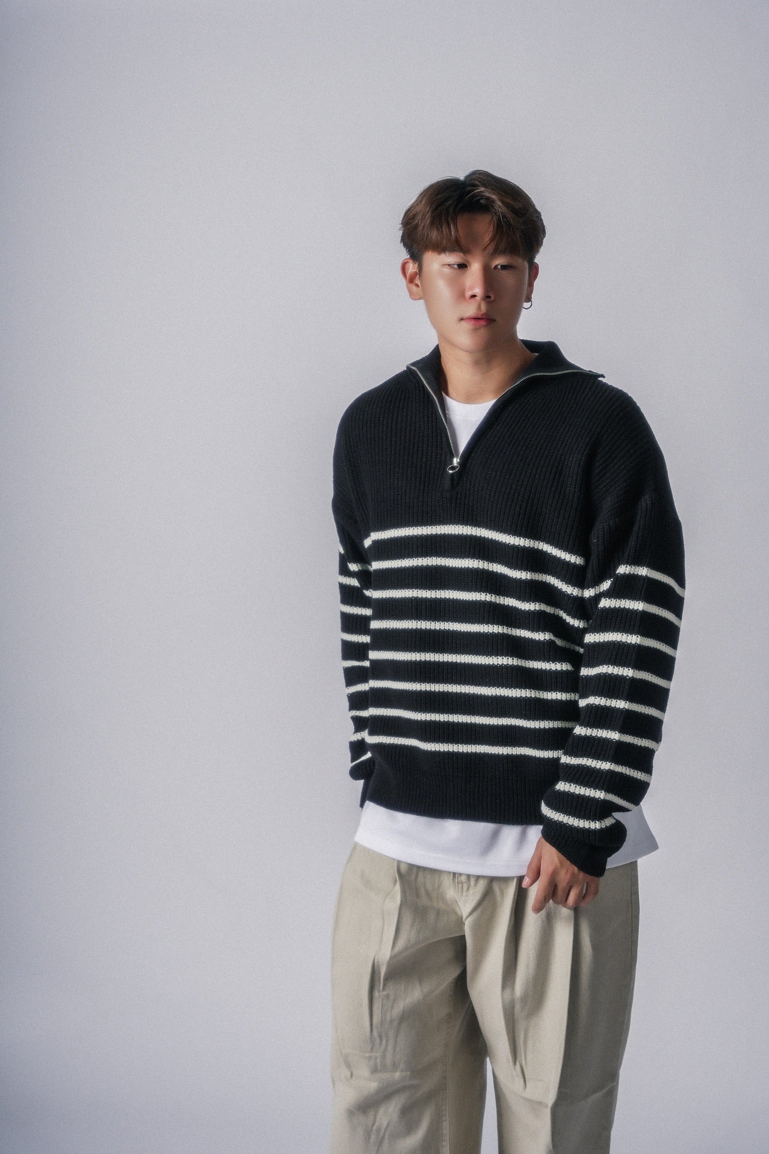 間條拉鍊領口毛衣-韓國男裝
