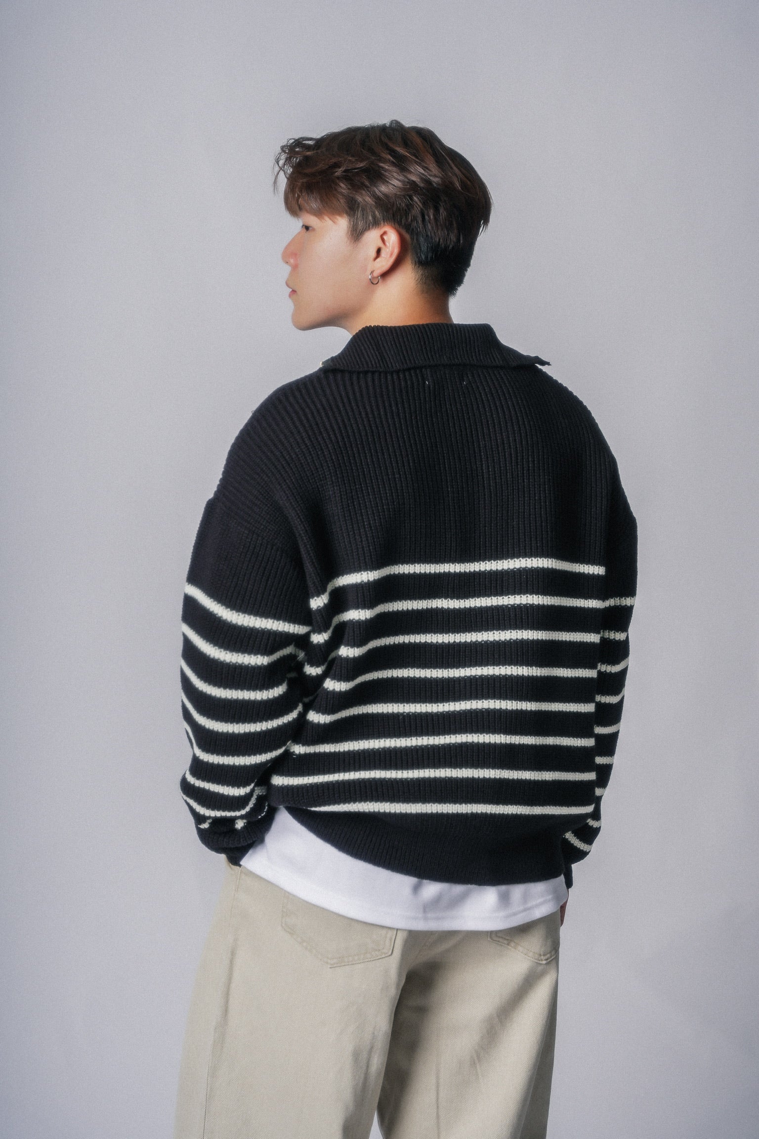 間條拉鍊領口毛衣-韓國男裝