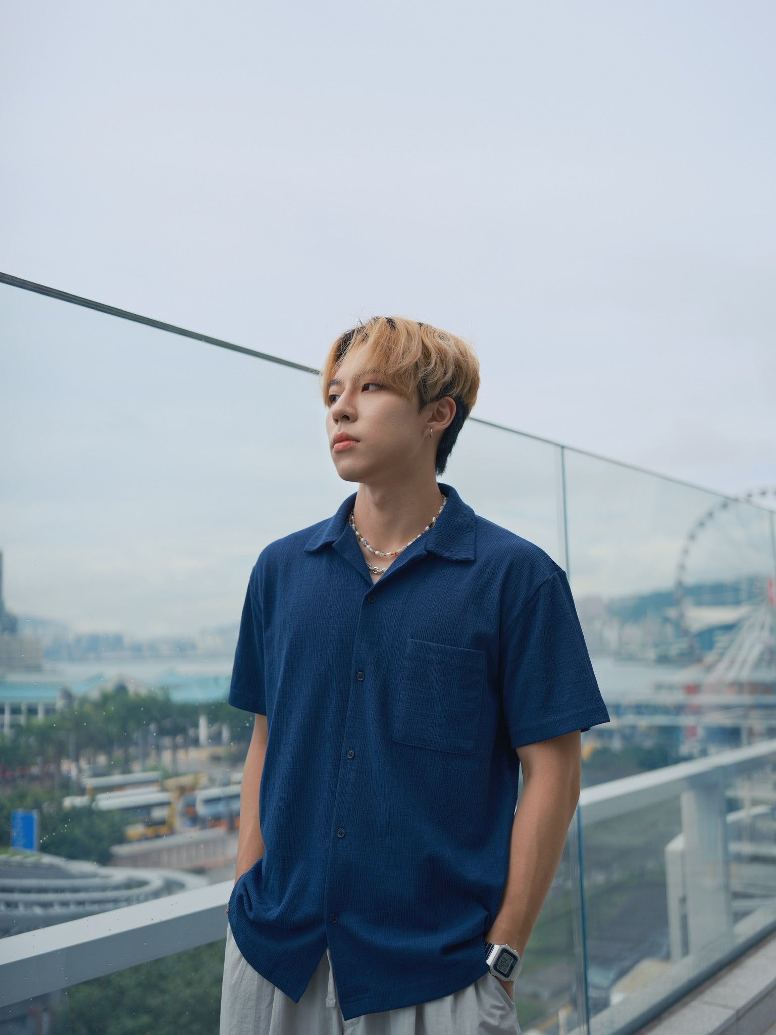 藍色短袖襯衫Blue Short Sleeves Shirt-韓國男裝