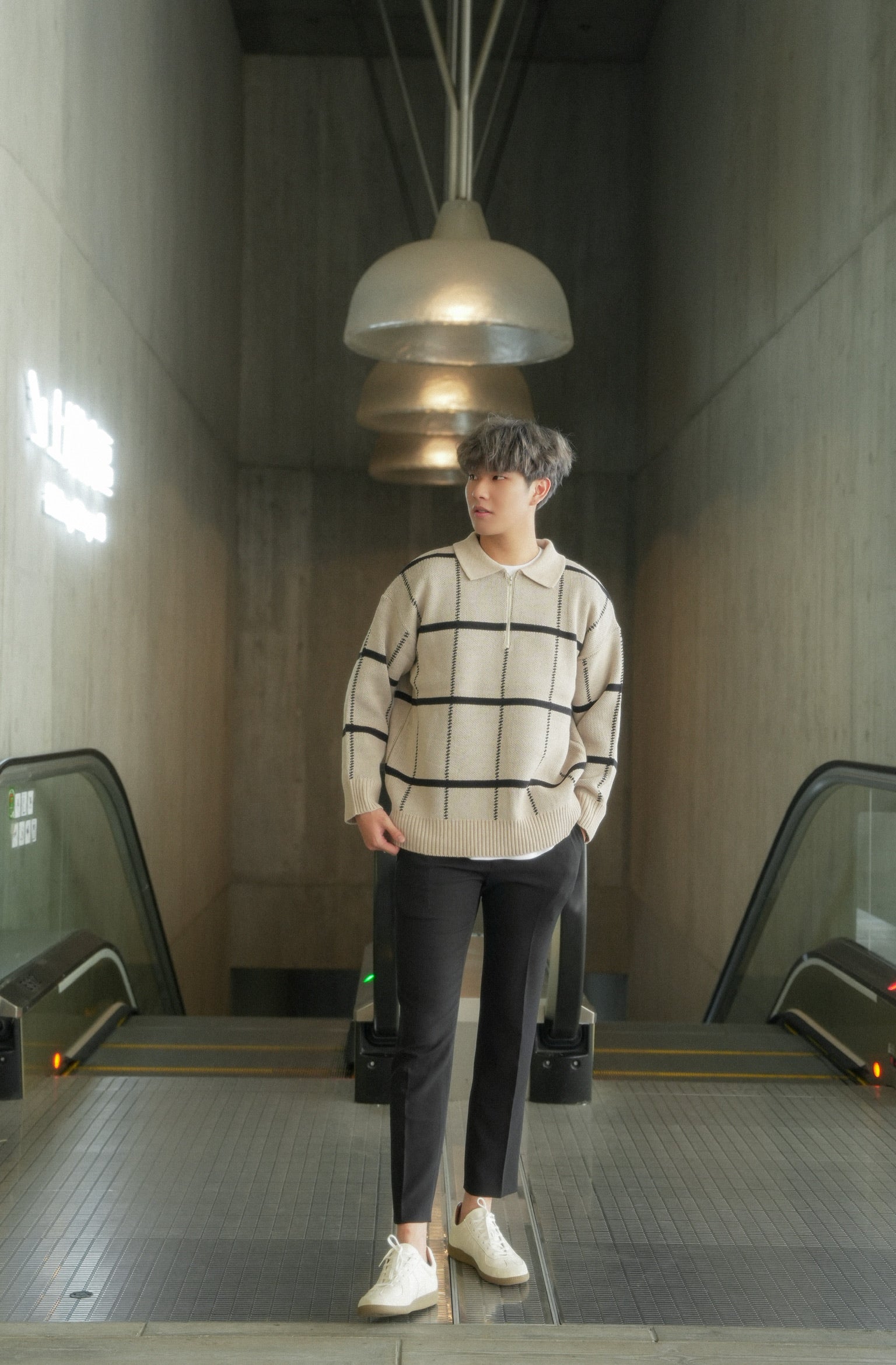 米色格紋拉鍊上衣Check Knit Jumper in Beige-韓國男裝