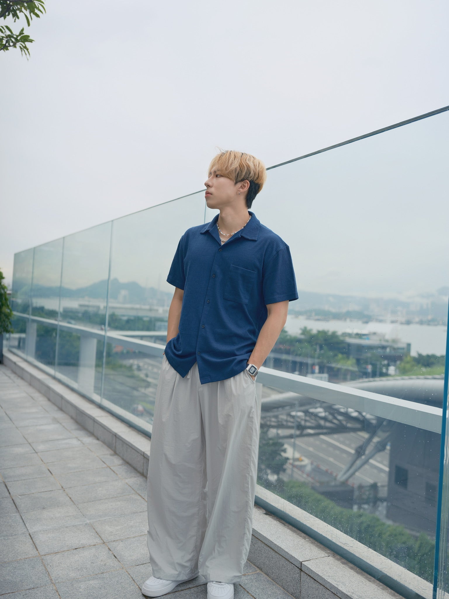 藍色短袖襯衫Blue Short Sleeves Shirt-韓國男裝