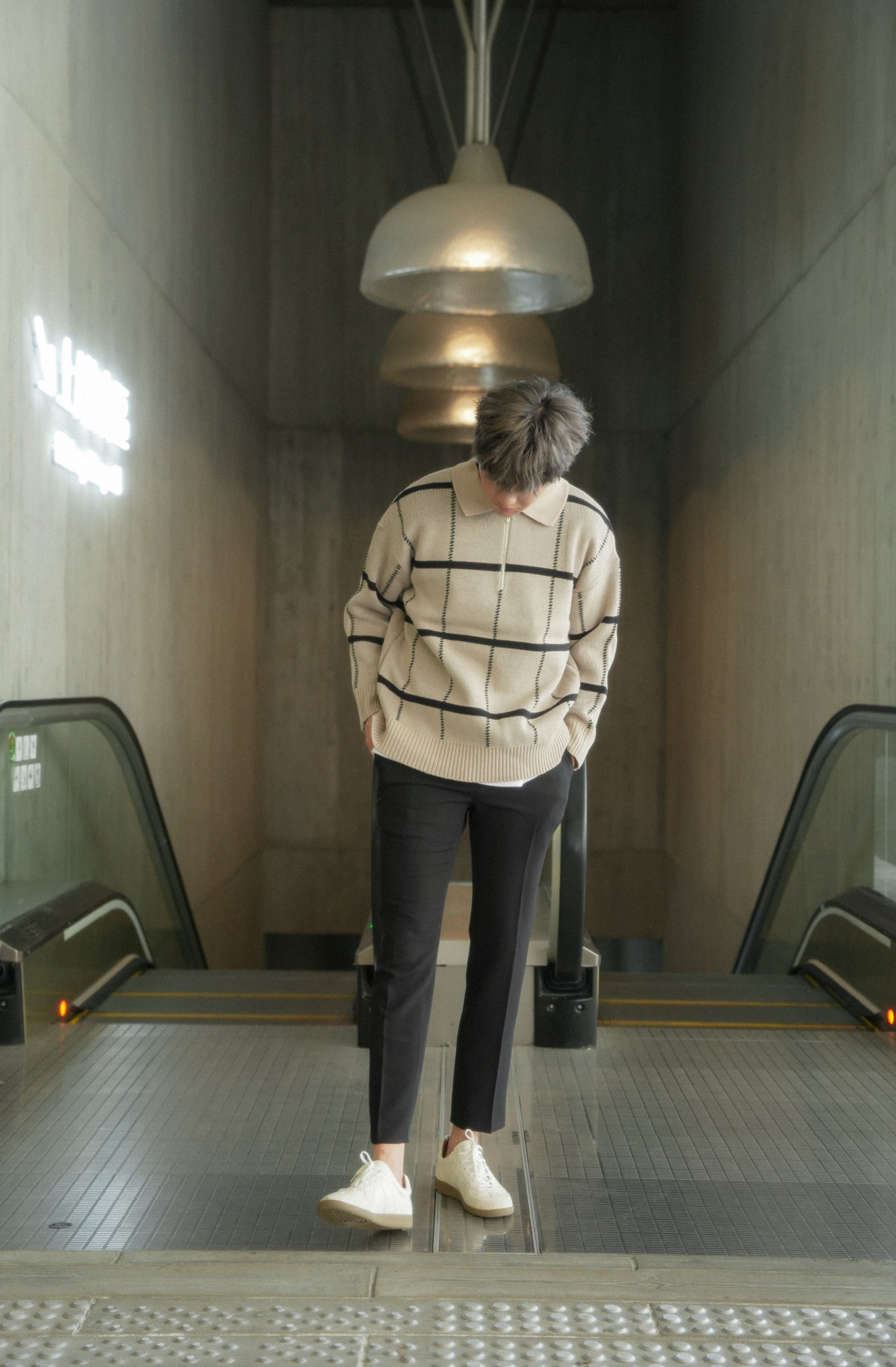 米色格紋拉鍊上衣Check Knit Jumper in Beige-韓國男裝
