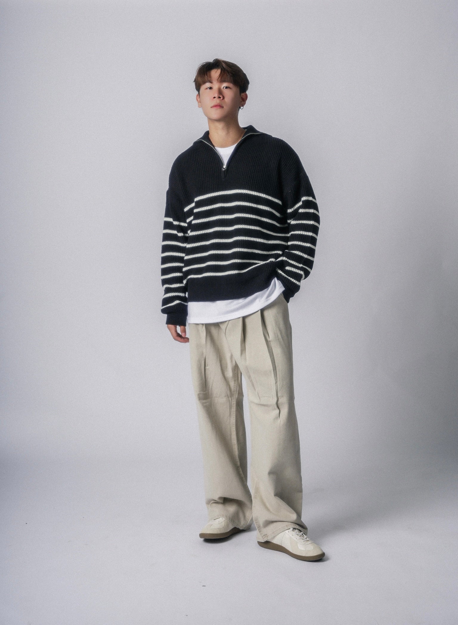 間條拉鍊領口毛衣-韓國男裝
