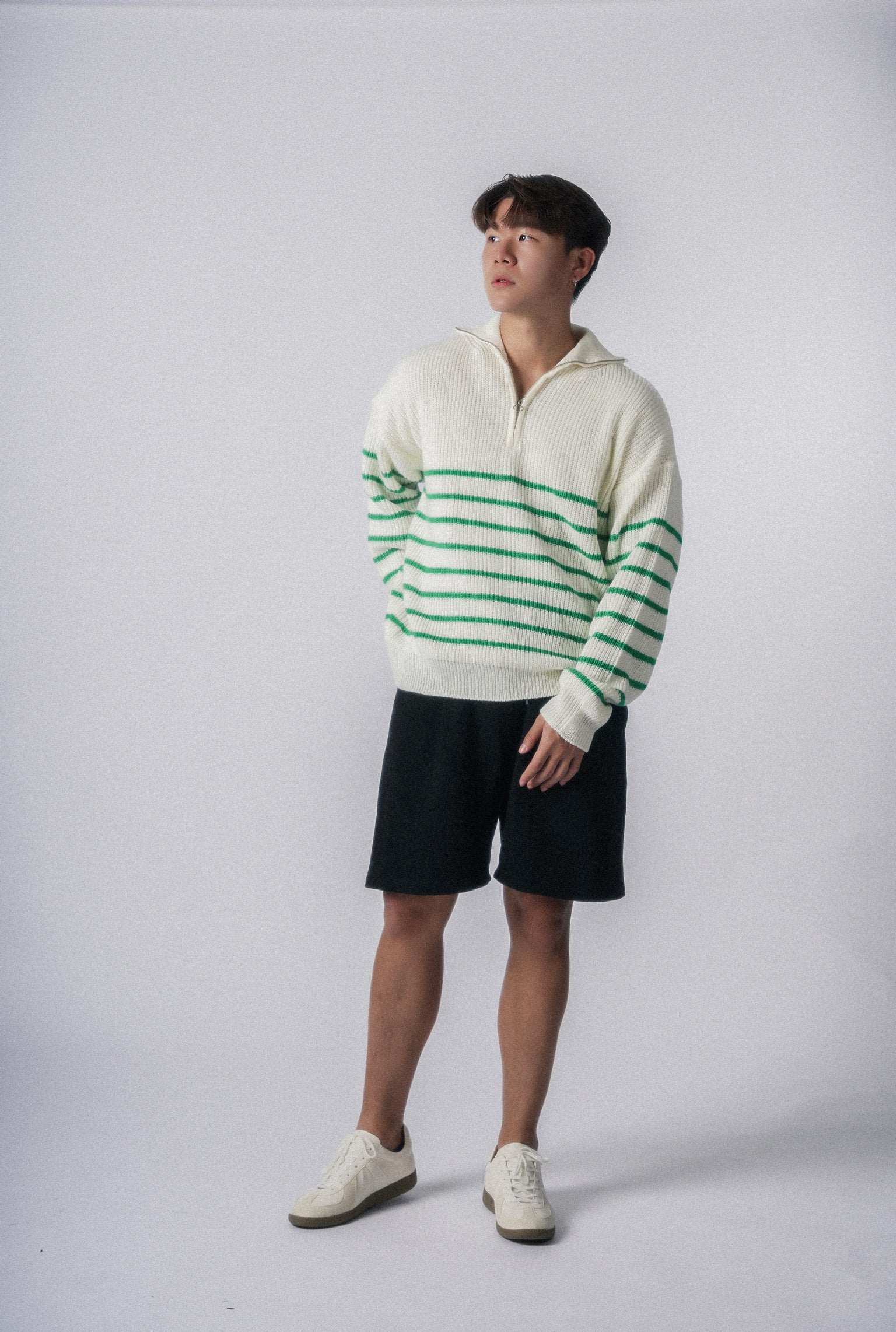 間條拉鍊領口毛衣-韓國男裝