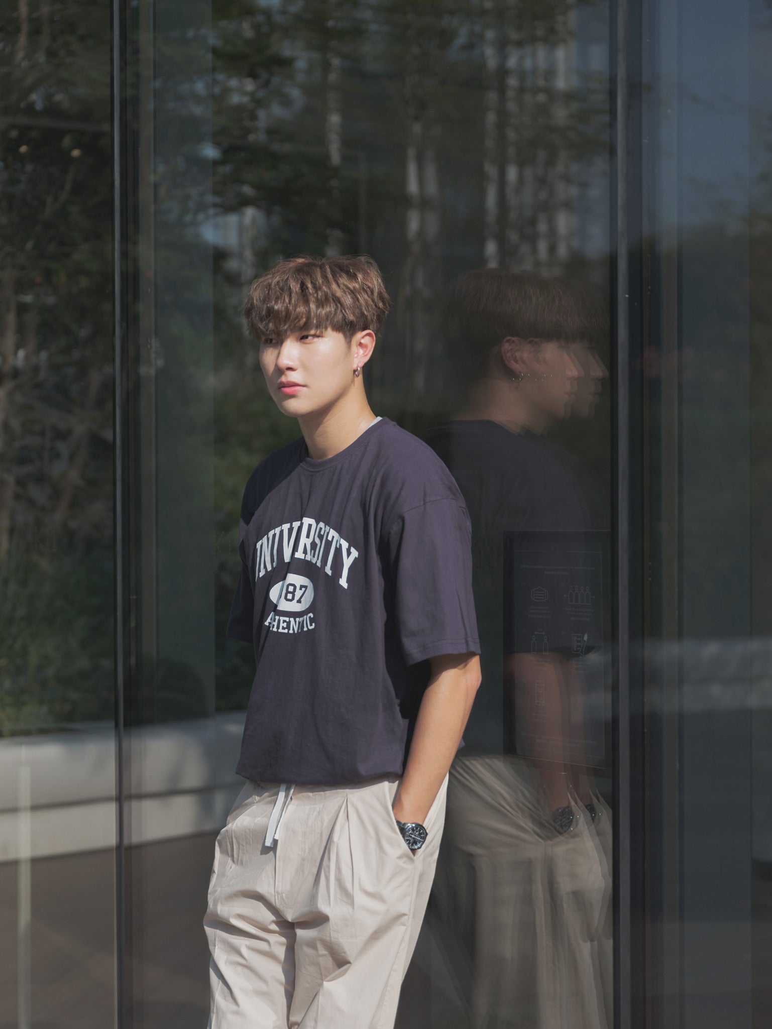 韓國男裝-軍藍短袖上衣Navy Print Tee