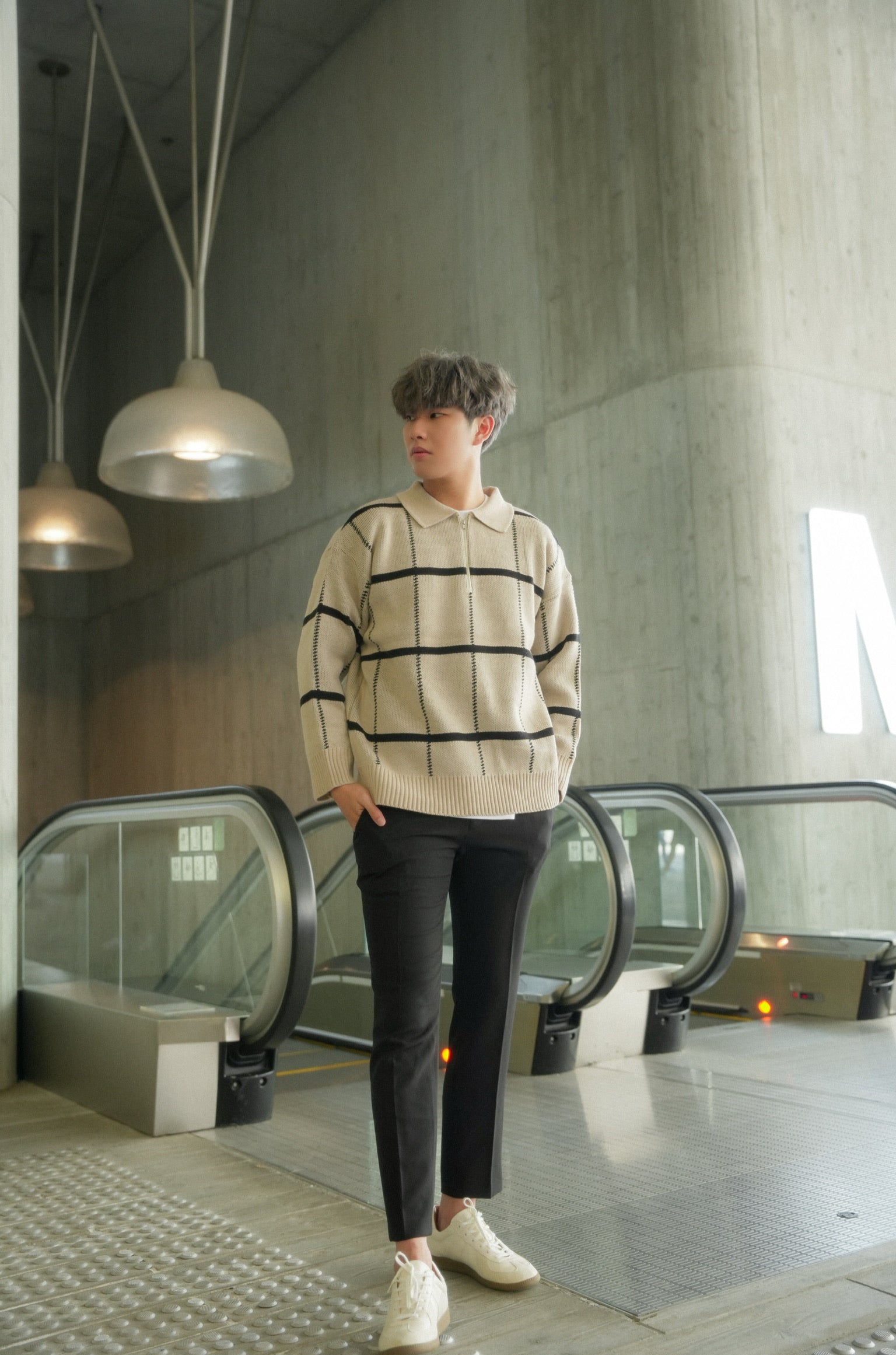 米色格紋拉鍊上衣Check Knit Jumper in Beige-韓國男裝