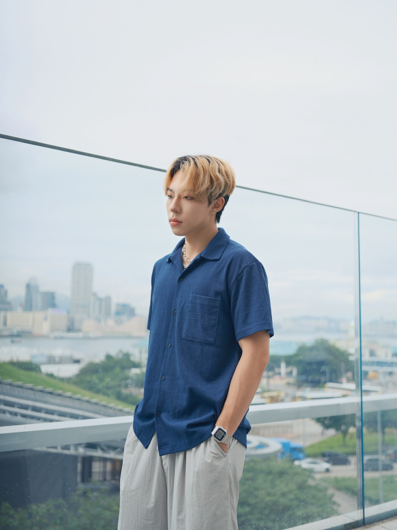 藍色短袖襯衫Blue Short Sleeves Shirt-韓國男裝