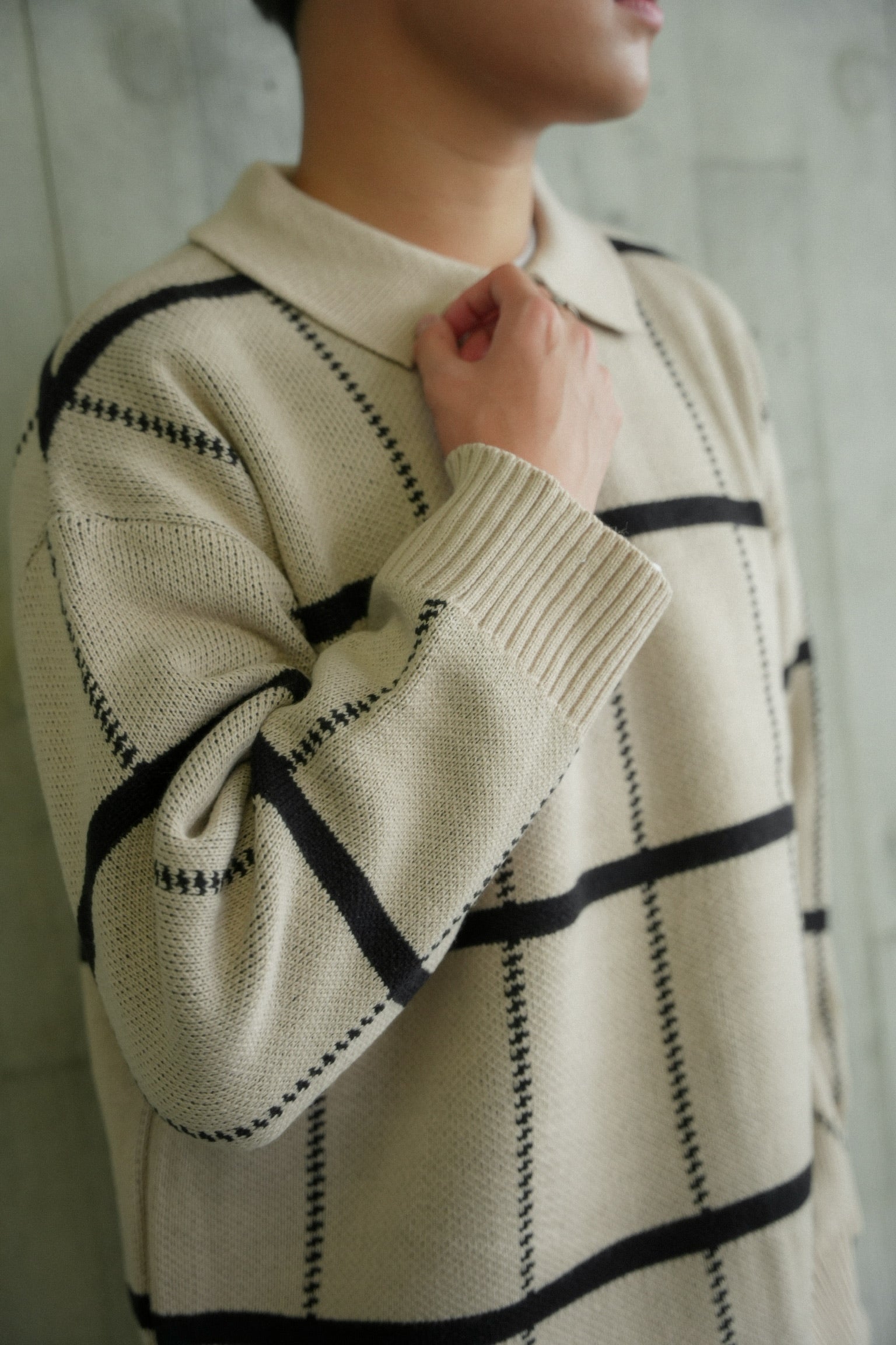 米色格紋拉鍊上衣Check Knit Jumper in Beige-韓國男裝