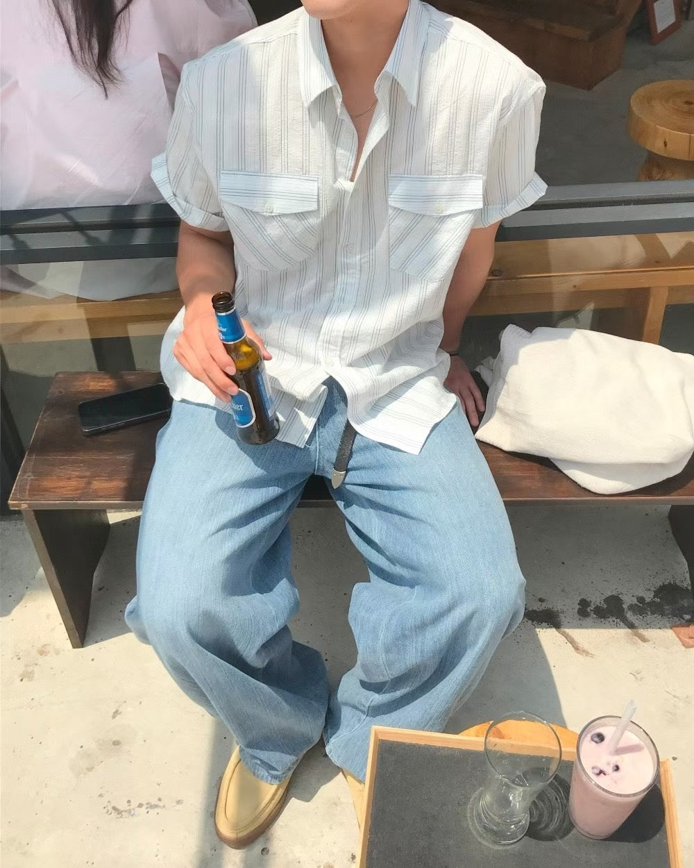 清爽間紋短袖襯衫