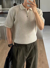 細紋翻領短袖上衣