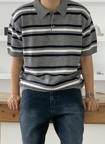 混色間條針織短袖上衣 男裝衫
