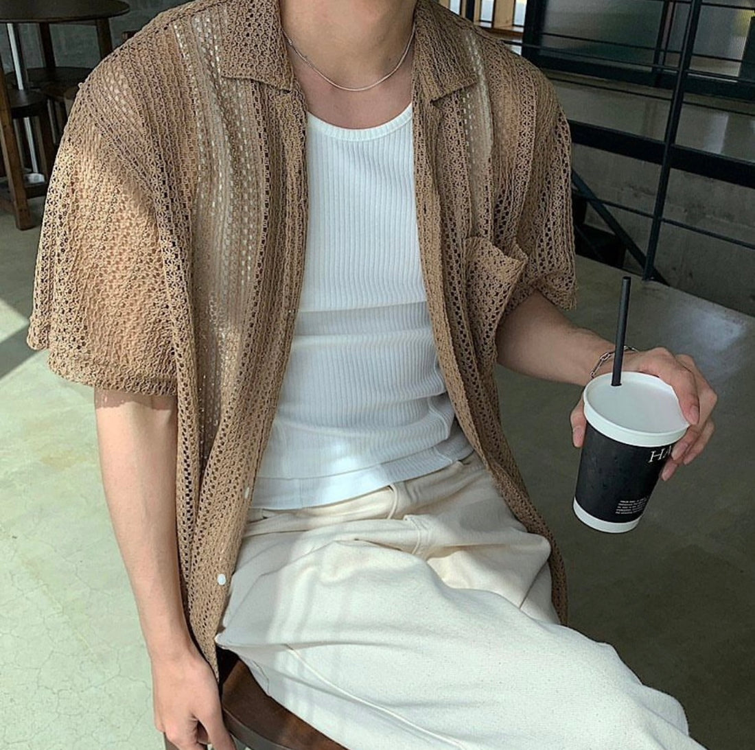 編織紋短袖襯衫 (3色) －韓國男裝