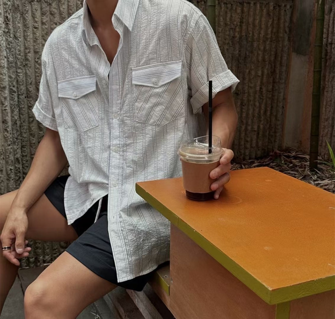 清爽間紋短袖襯衫