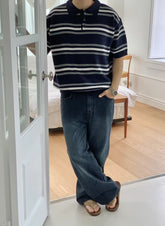 混色間條針織短袖上衣 男裝衫