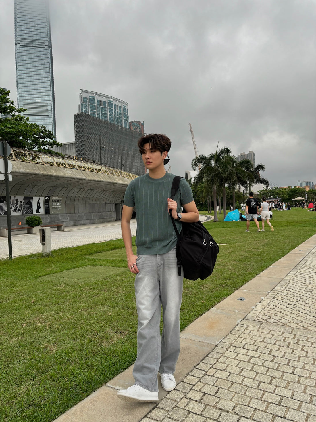 &lt;短袖基本款&gt;綠色粗間紋上衣 _ 韓國男裝