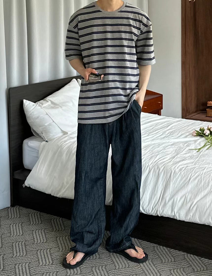 間條簡約短袖上衣 - 韓國男裝