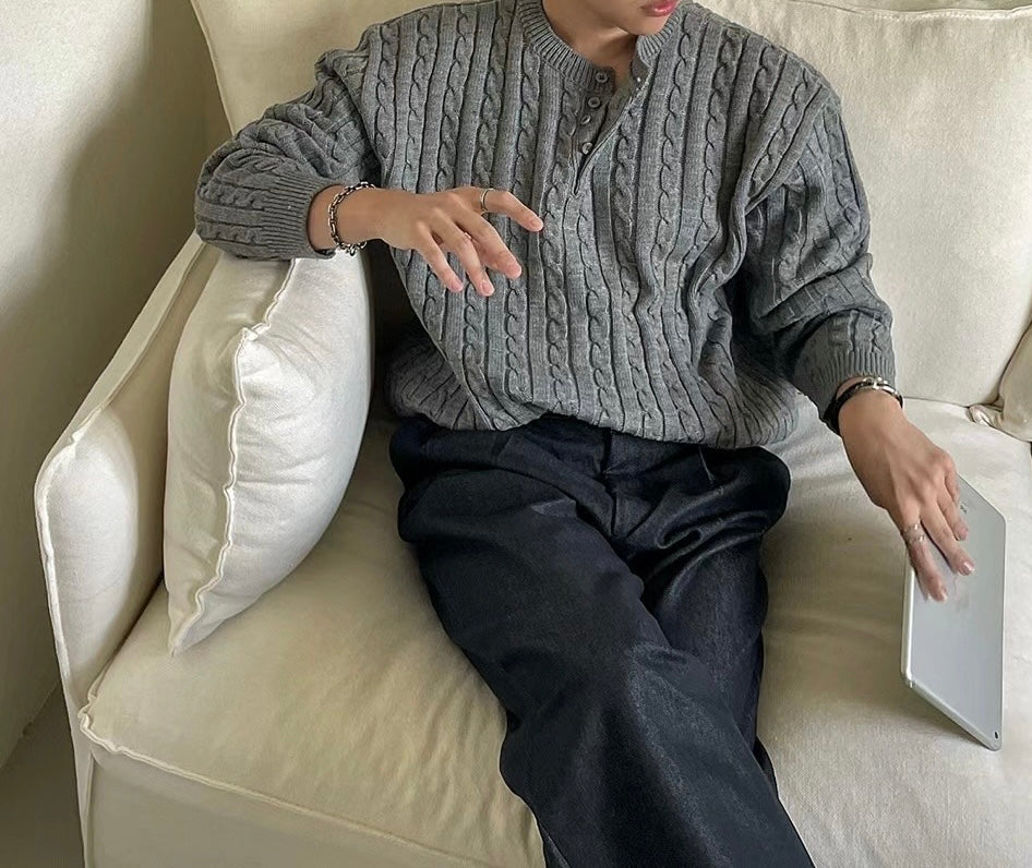 麻花針織鈕扣領口上衣