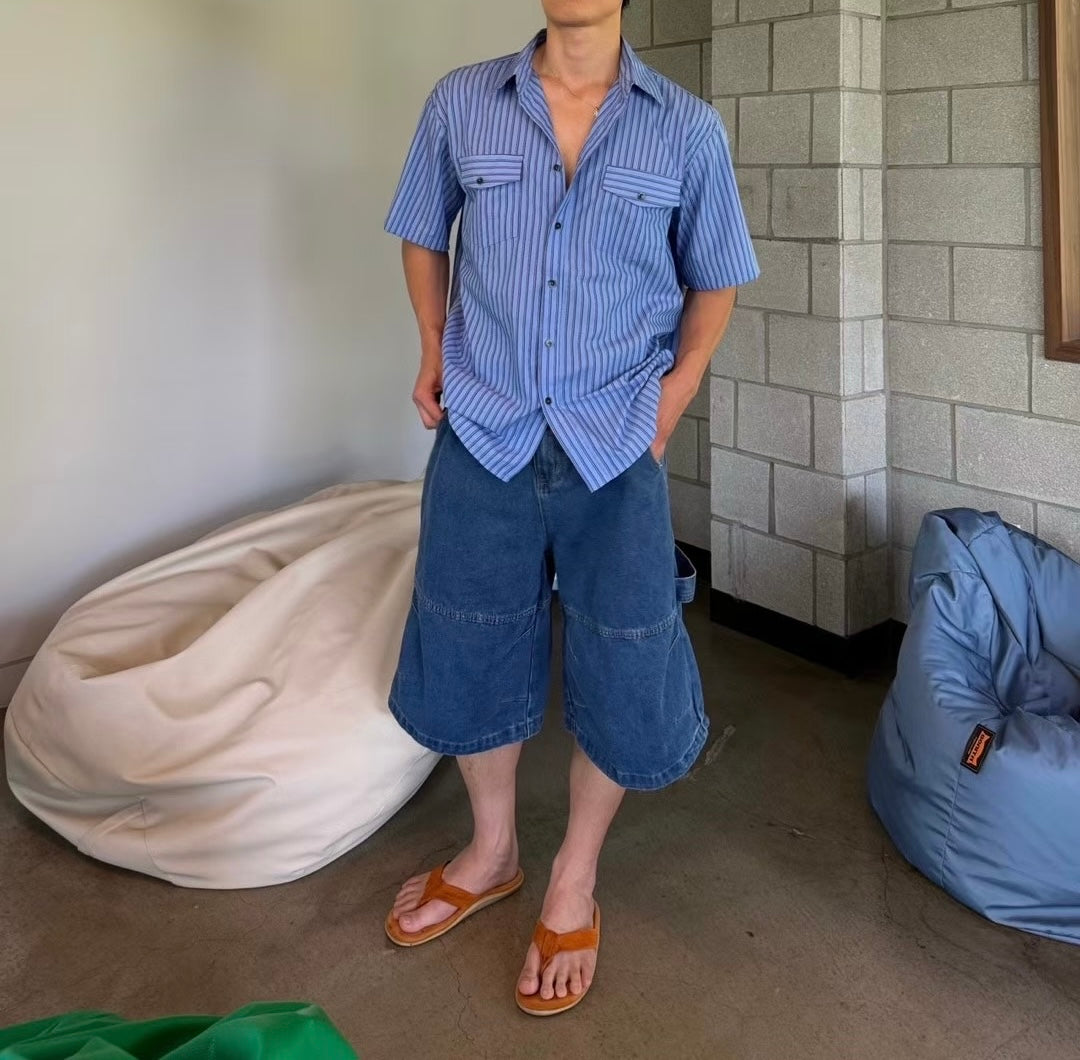 藍色直間短袖襯衫 韓國男裝