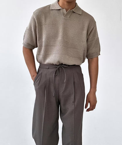 編織橫紋翻領短袖上衣