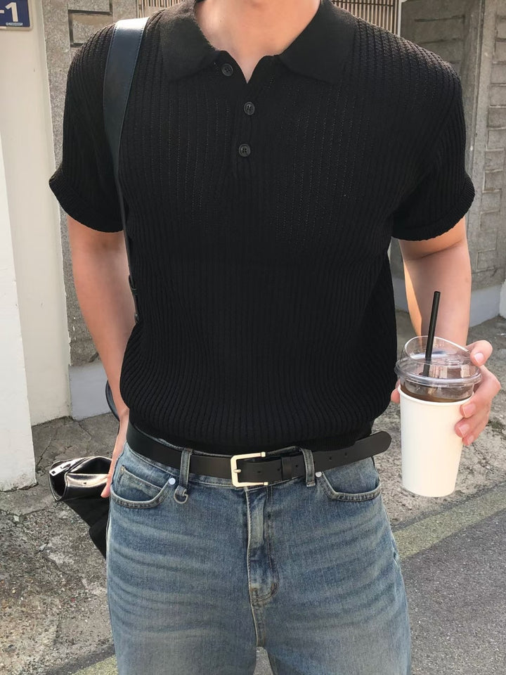 細紋翻領短袖上衣