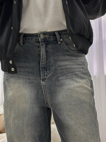 水洗灰落地牛仔褲