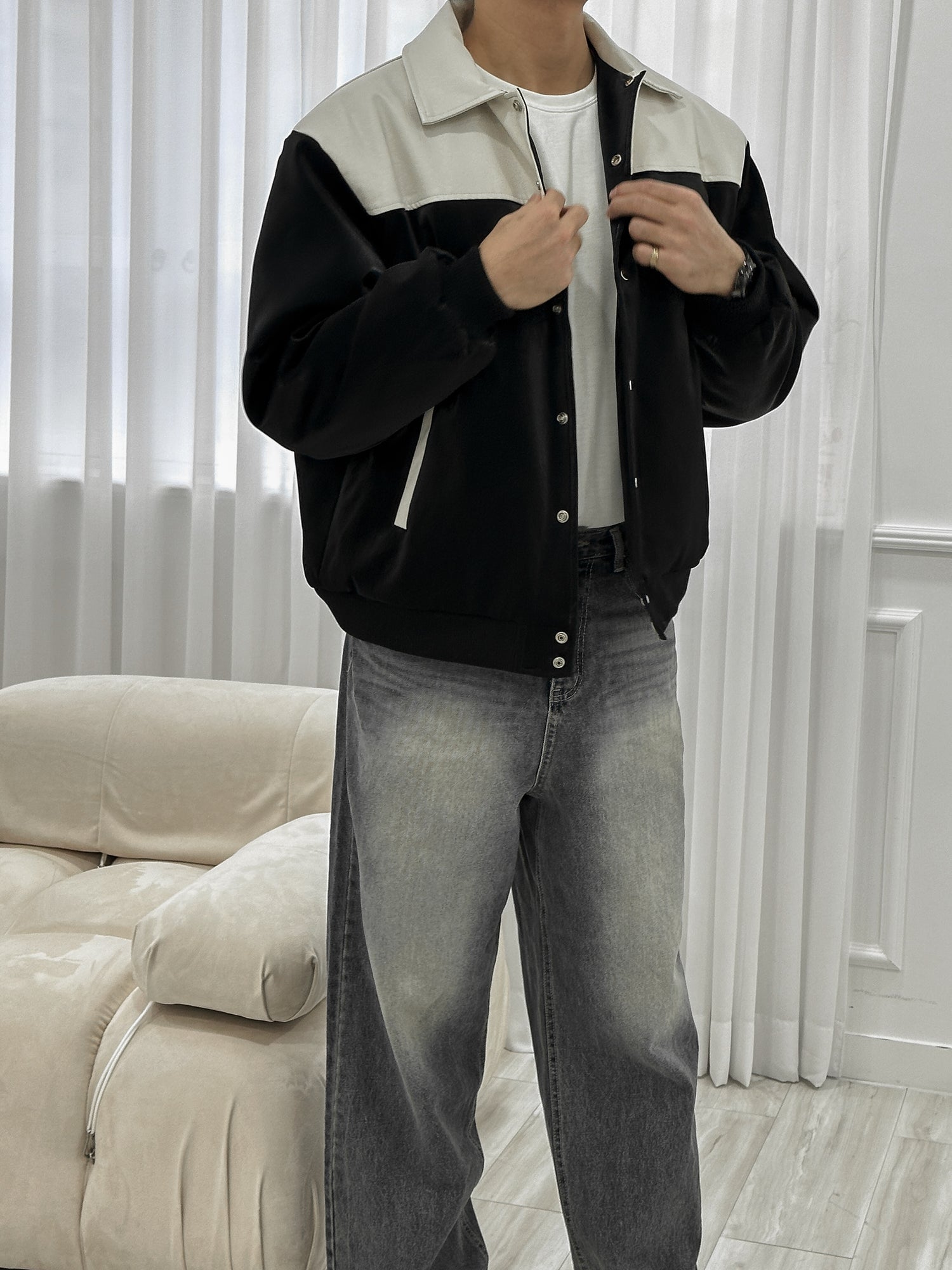 水洗灰落地牛仔褲