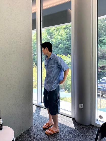 藍色直間短袖襯衫 韓國男裝