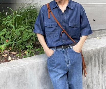 牛仔布短袖口袋襯衫