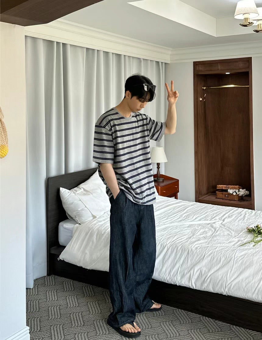 間條簡約短袖上衣 - 韓國男裝