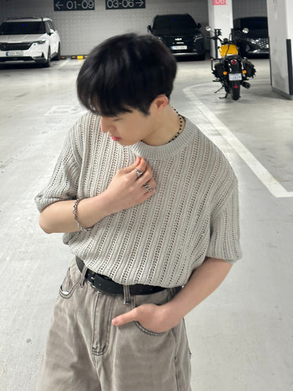 米灰暗紋短袖上衣