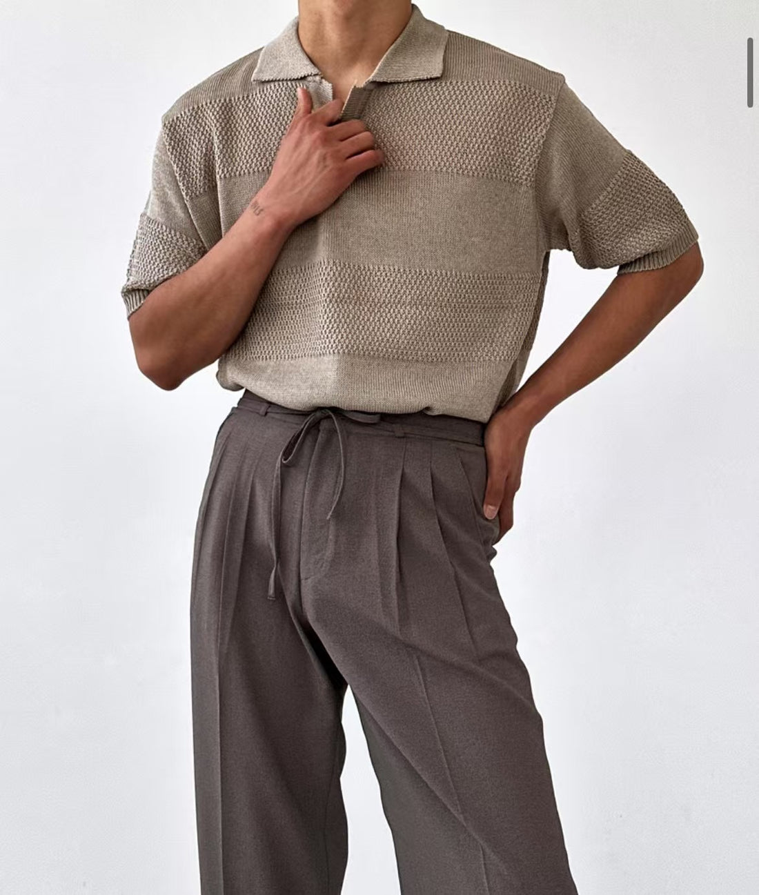 編織橫紋翻領短袖上衣