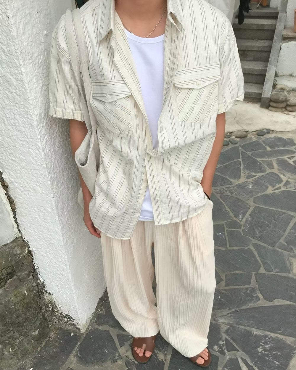 清爽間紋短袖襯衫