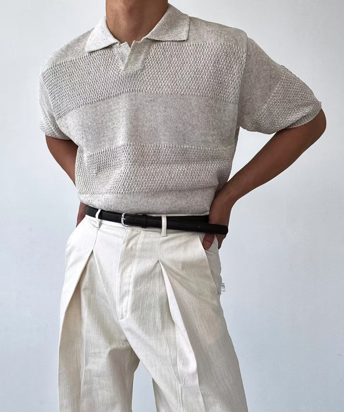 編織橫紋翻領短袖上衣