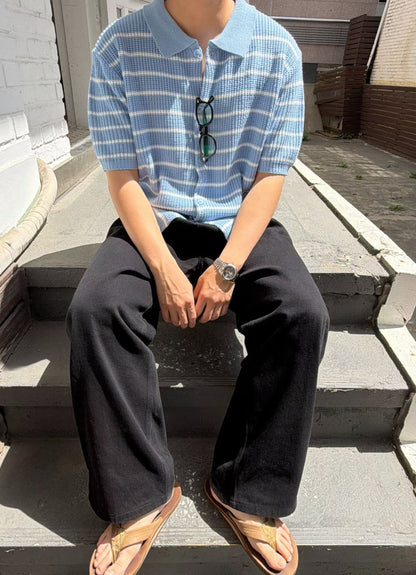 針織間條拼色短袖上衣