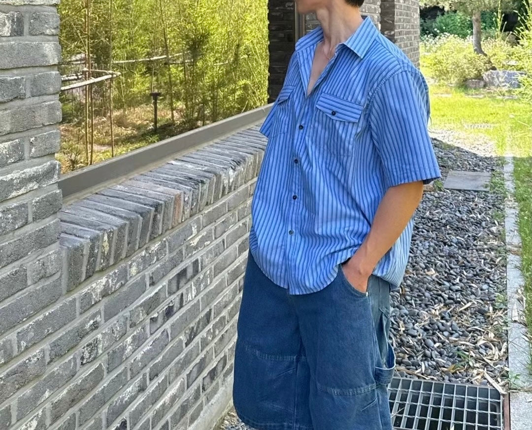 藍色直間短袖襯衫 韓國男裝