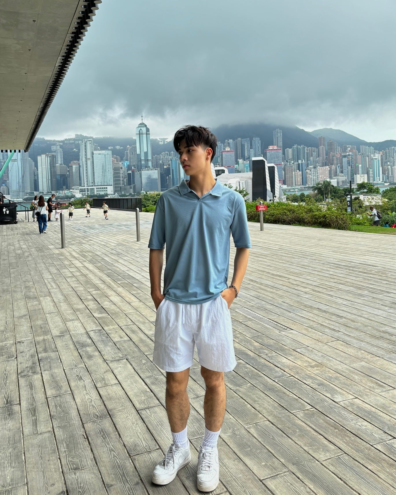 Polo短袖上衣 - 淺藍色