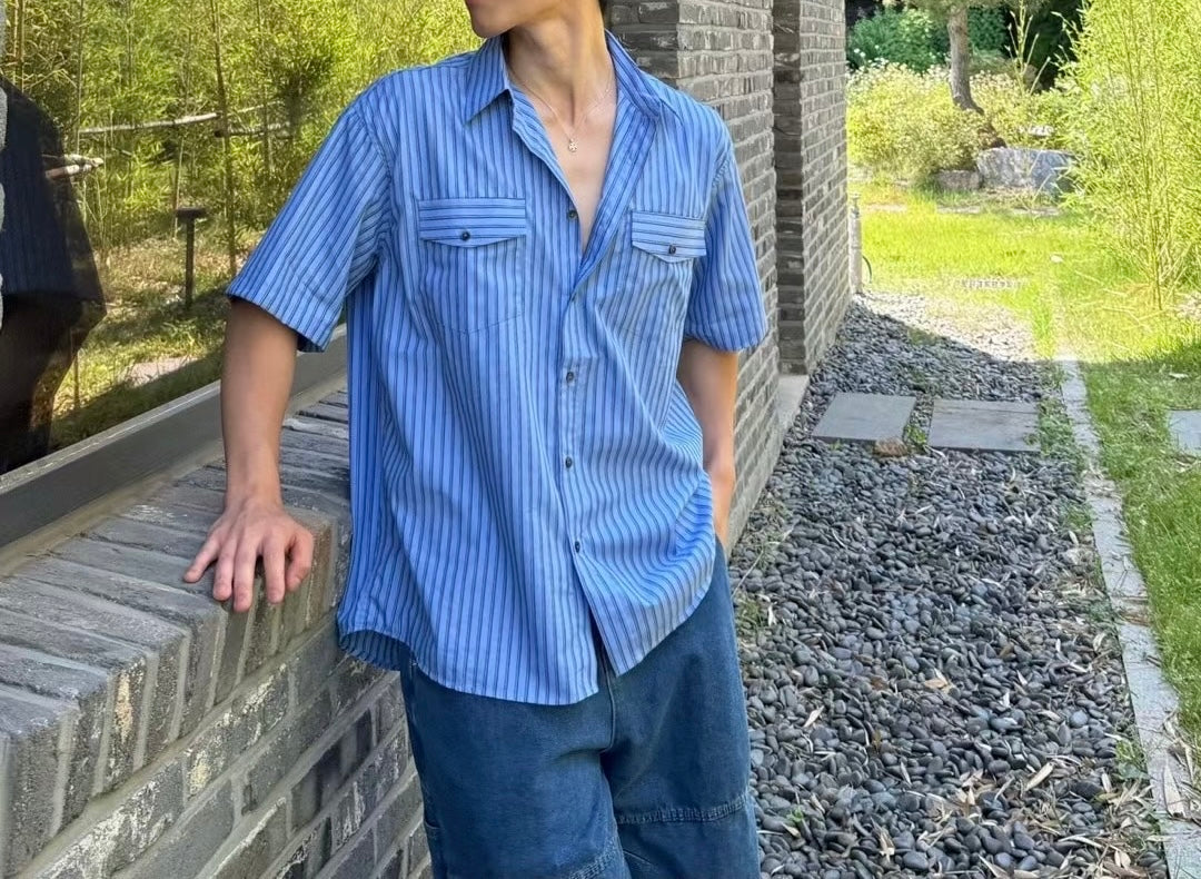 藍色直間短袖襯衫 韓國男裝