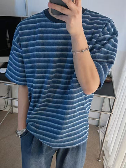 水藍間條短袖上衣 男裝衫